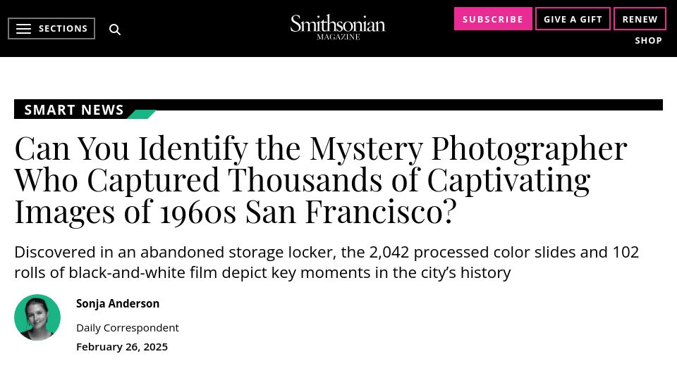 Screenshot of smithsonianmag.com: Help Identify the Photographer Who Captured Many Images of 1960s San Francisco