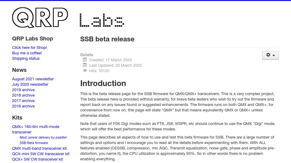 Screenshot of qrp-labs.com: QRP Labs QMX SSB beta firmware relased