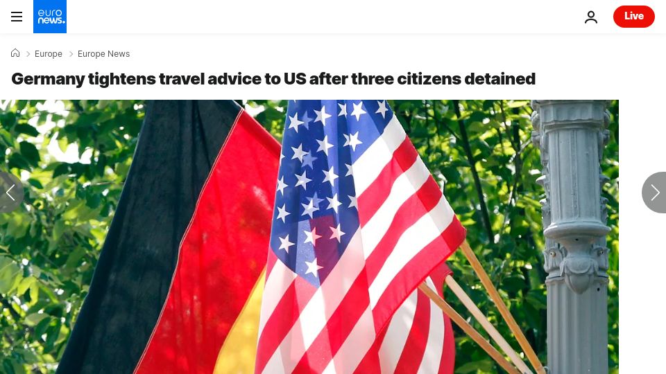 Screenshot of euronews.com: Germany tightens travel advice to US after three citizens detained