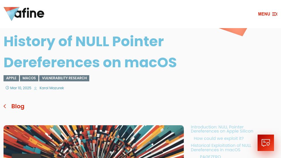 Screenshot of afine.com: History of Null Pointer Dereferences on macOS