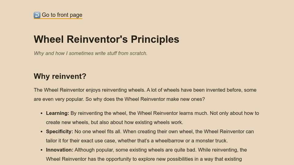 Screenshot of tobloef.com: Wheel Reinventor’s Principles (2024)