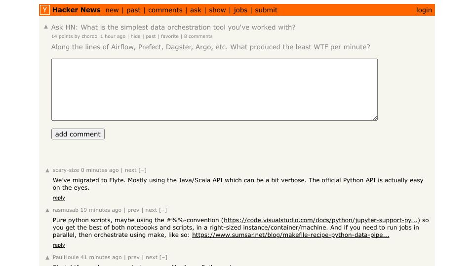Screenshot of Hacker News post: Ask HN: What is the simplest data orchestration tool you've worked with?