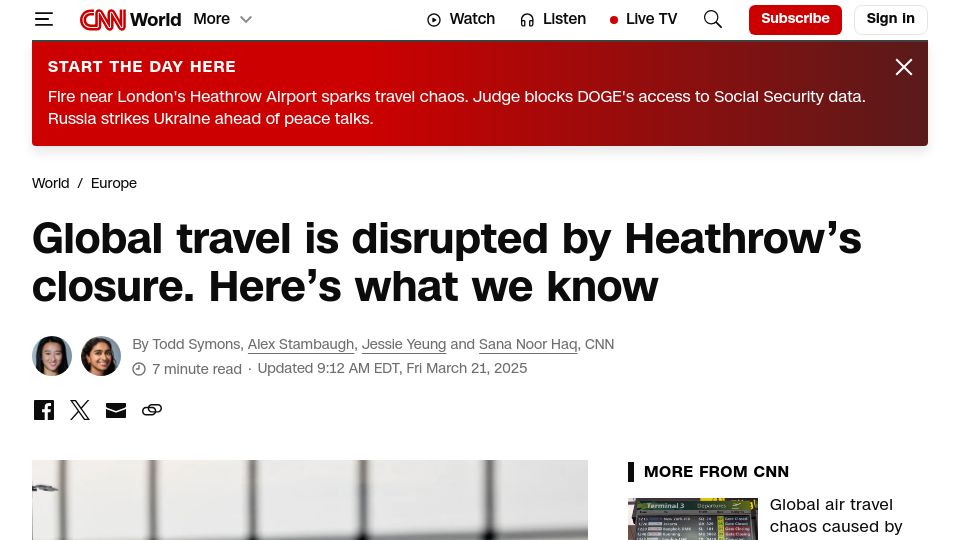Screenshot of cnn.com: London's Heathrow Airport announces complete shutdown due to power outage
