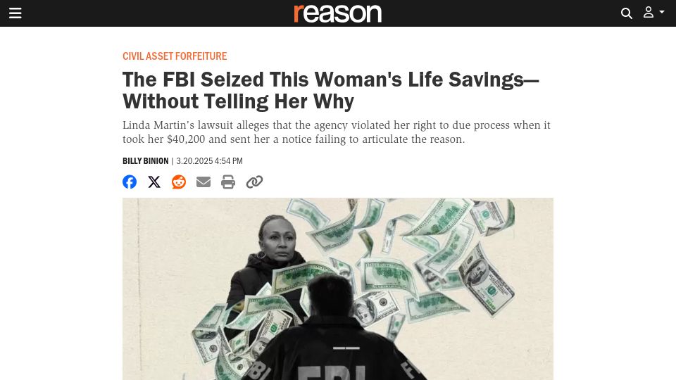 Screenshot of reason.com: The FBI Seized This Woman's Life Savings–Without Telling Her Why