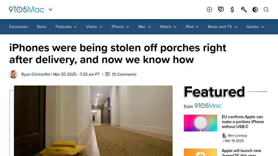 Screenshot of 9to5mac.com: iPhones were being stolen off porches right after delivery, and now we know how