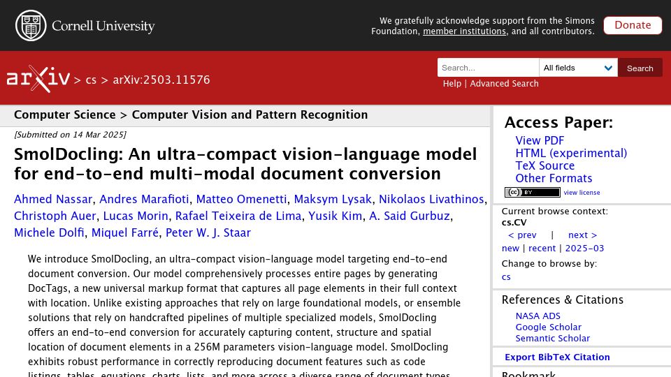Screenshot of arxiv.org: SmolDocling: An ultra-compact VLM for end-to-end multi-modal document conversion