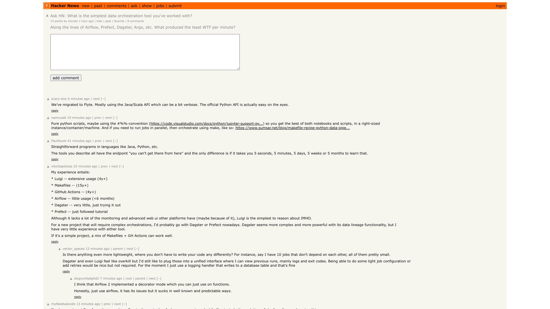 Screenshot of this Hacker News post: Ask HN: What is the simplest data orchestration tool you've worked with?
