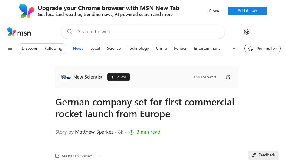 Screenshot of msn.com: German company set for first commercial rocket launch from Europe