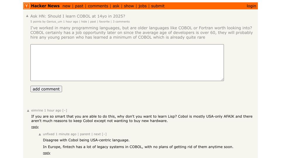 Screenshot of Hacker News post: Ask HN: Should I learn COBOL at 14yo in 2025?