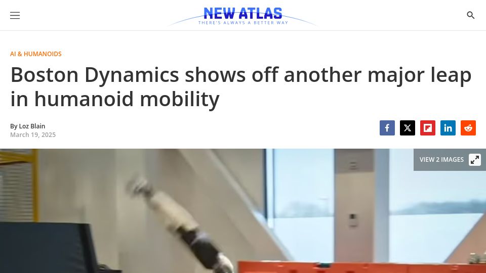 Screenshot of newatlas.com: Boston Dynamics shows off another major leap in humanoid mobility