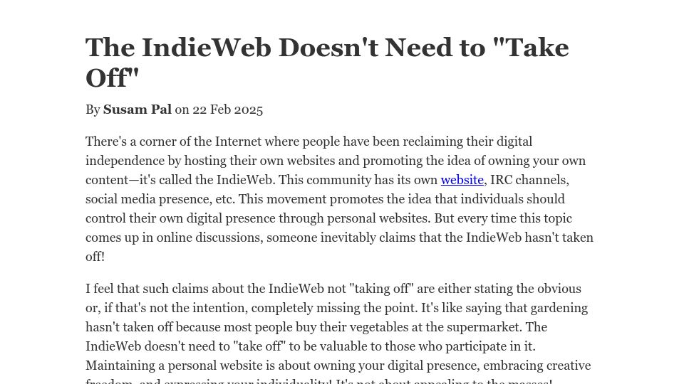 Screenshot of susam.net: The indieweb doesn't need to “take off”