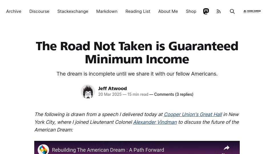 Screenshot of blog.codinghorror.com: The Road Not Taken Is Guaranteed Minimum Income