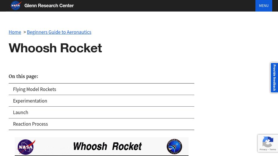 Screenshot of www1.grc.nasa.gov: NASA Whoosh Rocket