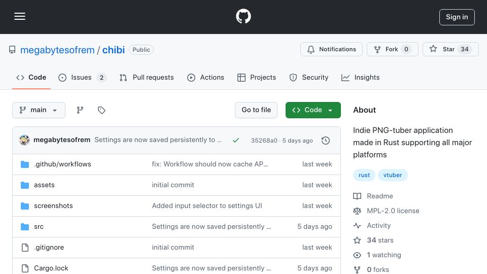 Screenshot of github.com: Chibi: PNG-tuber application made in Rust