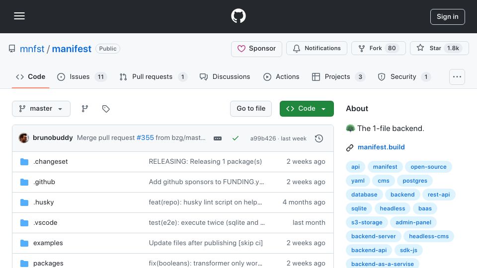 Screenshot of github.com: Manifest: A 1-file micro-back end