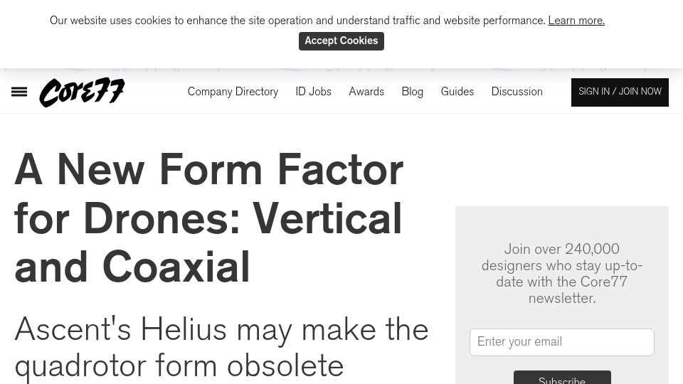 Screenshot of core77.com: A New Form Factor for Drones: Vertical and Coaxial