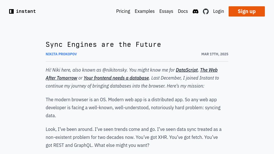 Screenshot of instantdb.com: Sync Engines Are the Future
