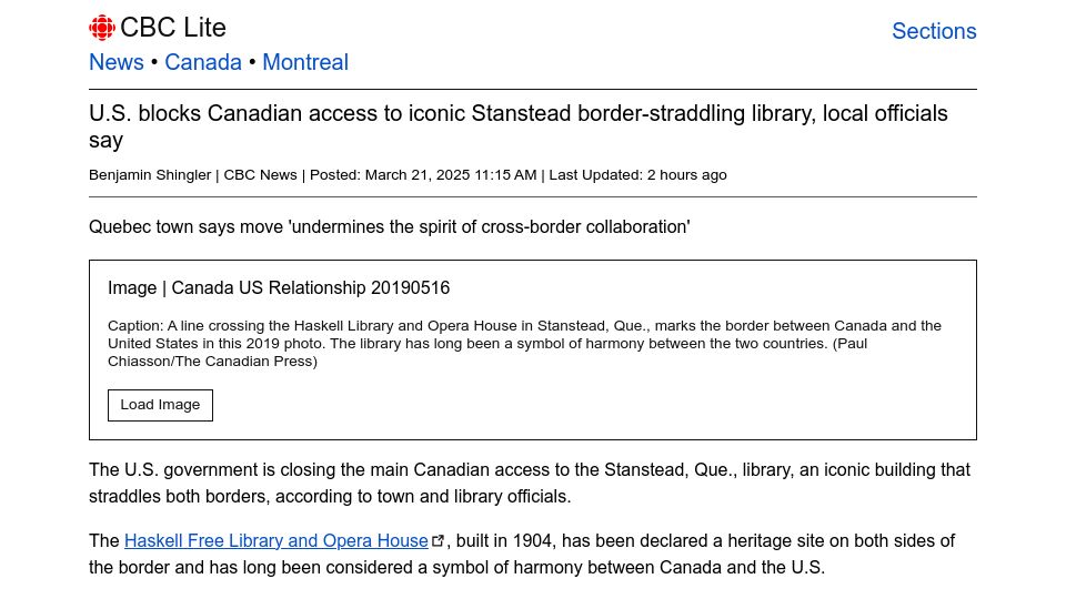 Screenshot of cbc.ca: U.S. blocks Canadian access to iconic Stanstead border-straddling library