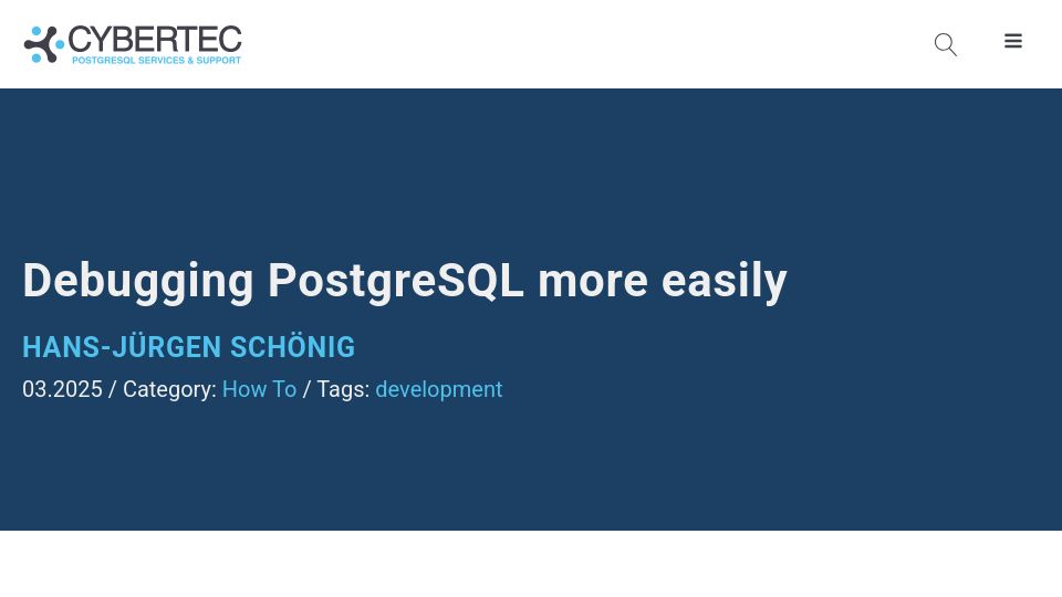 Screenshot of cybertec-postgresql.com: Debugging PostgreSQL More Easily