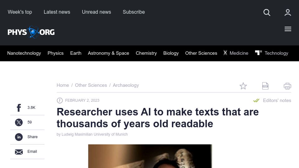 Screenshot of phys.org: Researcher uses AI to make texts that are thousands of years old readable (2023)