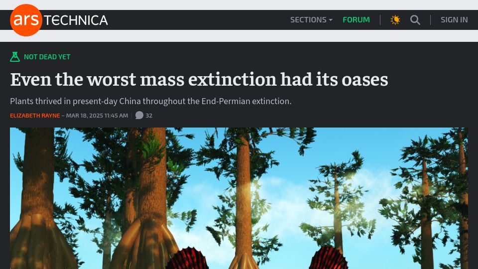 Screenshot of arstechnica.com: Even the worst mass extinction had its oases