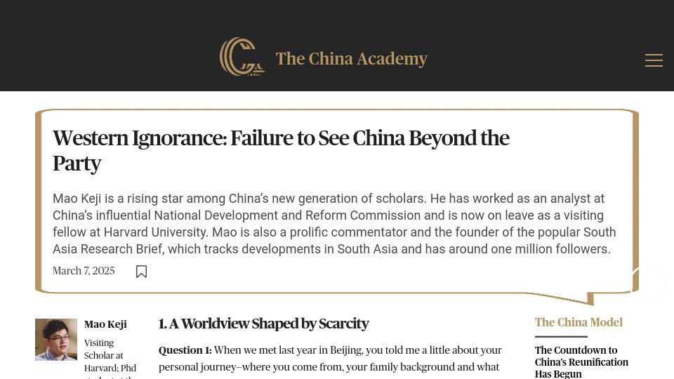 Screenshot of thechinaacademy.org: Western Ignorance: Failure to See China Beyond the Party