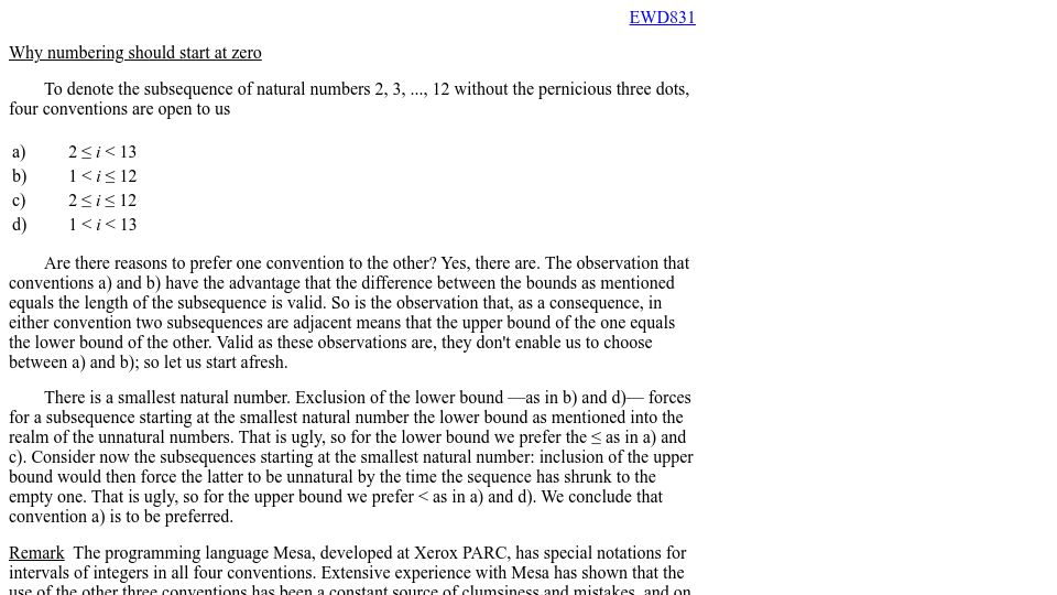 Screenshot of cs.utexas.edu: Numbering should start at zero (1982)