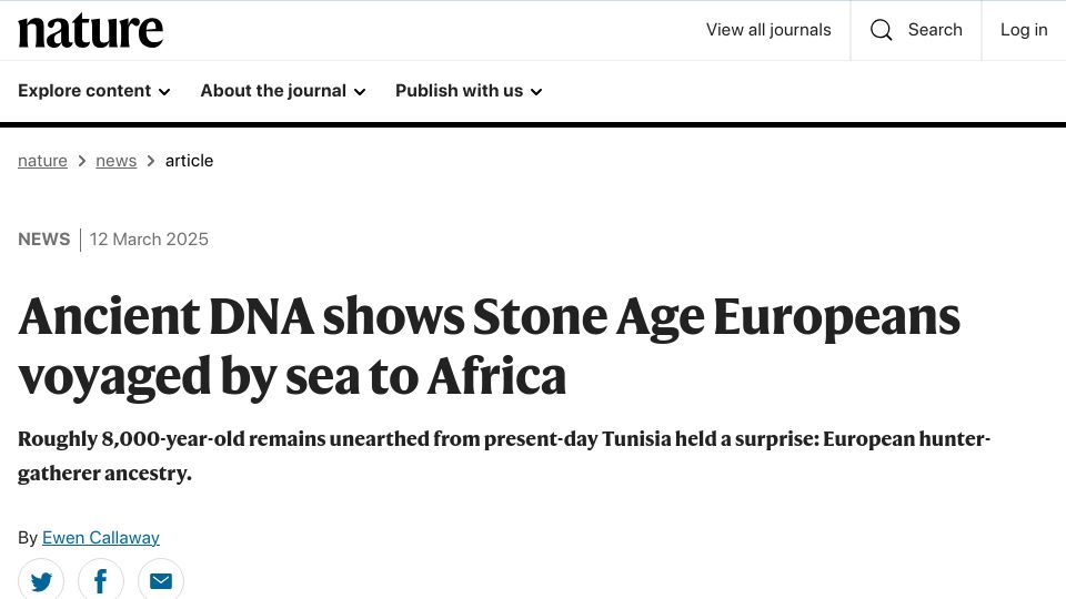 Screenshot of nature.com: Ancient DNA Shows Stone Age Europeans Voyaged by Sea to Africa