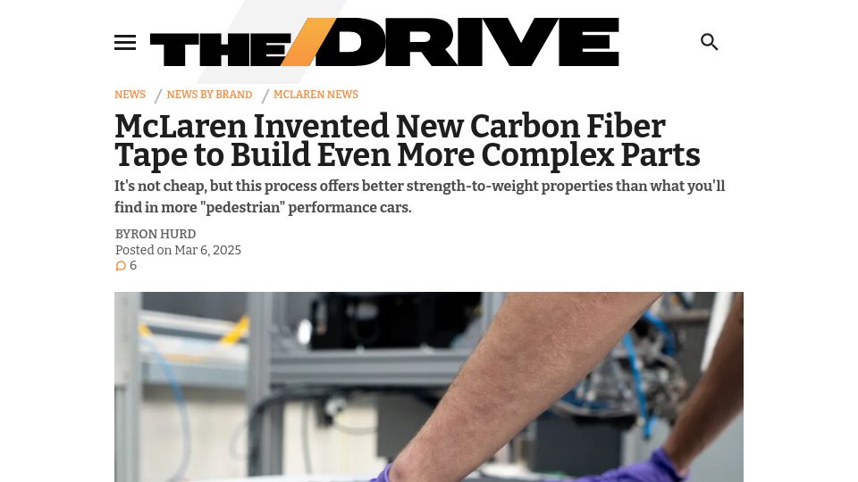 Screenshot of thedrive.com: McLaren invented new carbon fiber tape to build even more complex parts