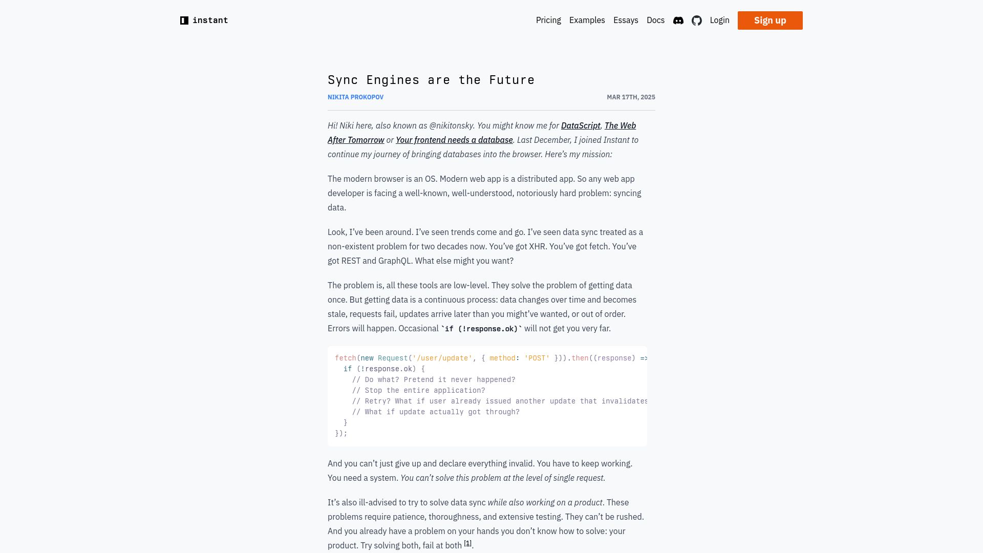Screenshot of instantdb.com: Sync Engines Are the Future