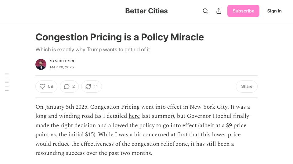 Screenshot of bettercities.substack.com: Congestion Pricing Is a Policy Miracle