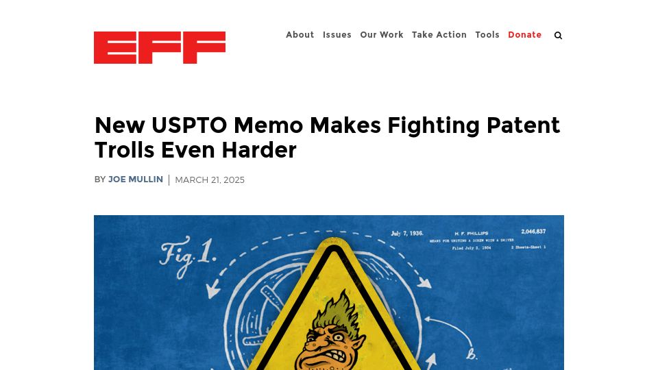 Screenshot of eff.org: New USPTO Memo Makes Fighting Patent Trolls Even Harder