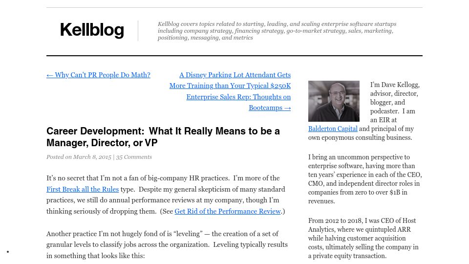 Screenshot of kellblog.com: Career Development: What It Means to Be a Manager, Director, or VP (2015)