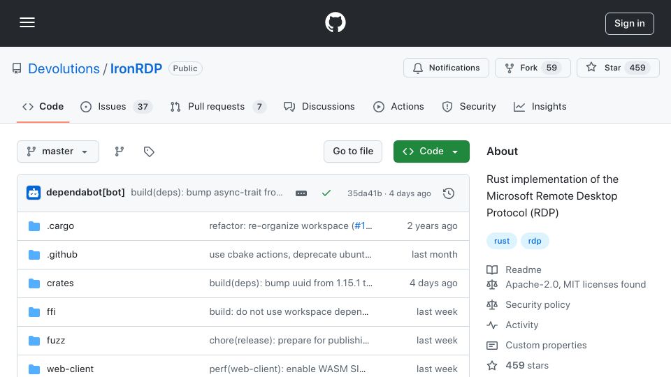 Screenshot of github.com: IronRDP: a Rust implementation of Microsoft's RDP protocol
