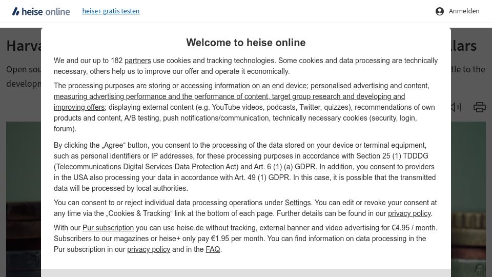 Screenshot of heise.de: Harvard study: open-source has an economic value of 8.8T dollars