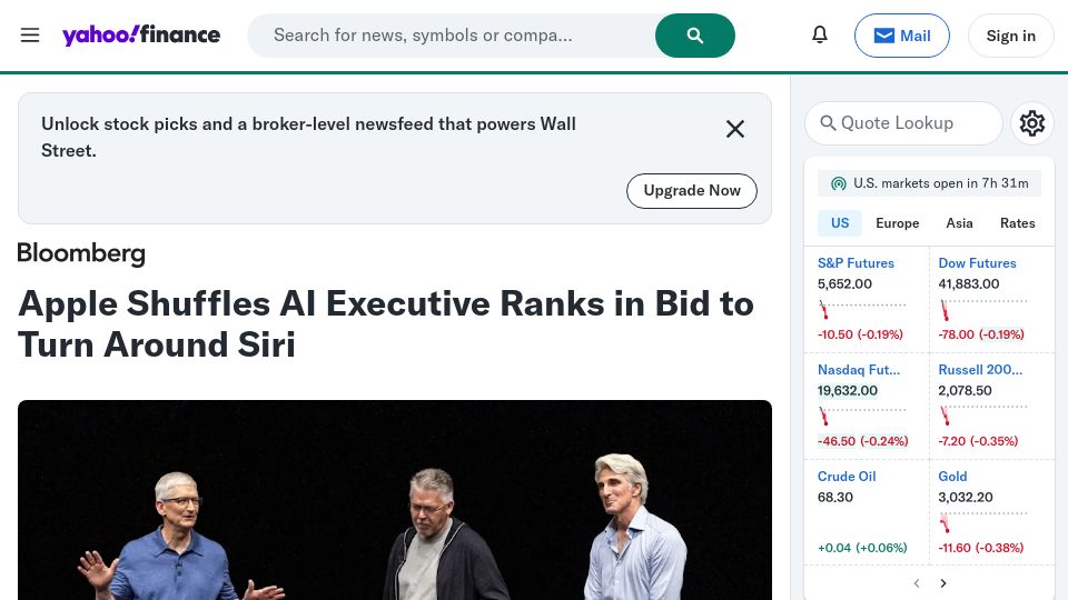 Screenshot of finance.yahoo.com: Apple shuffles AI executive ranks in bid to turn around Siri