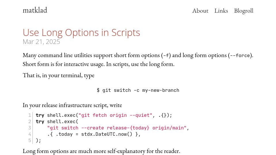 Screenshot of matklad.github.io: Use Long Options in Scripts