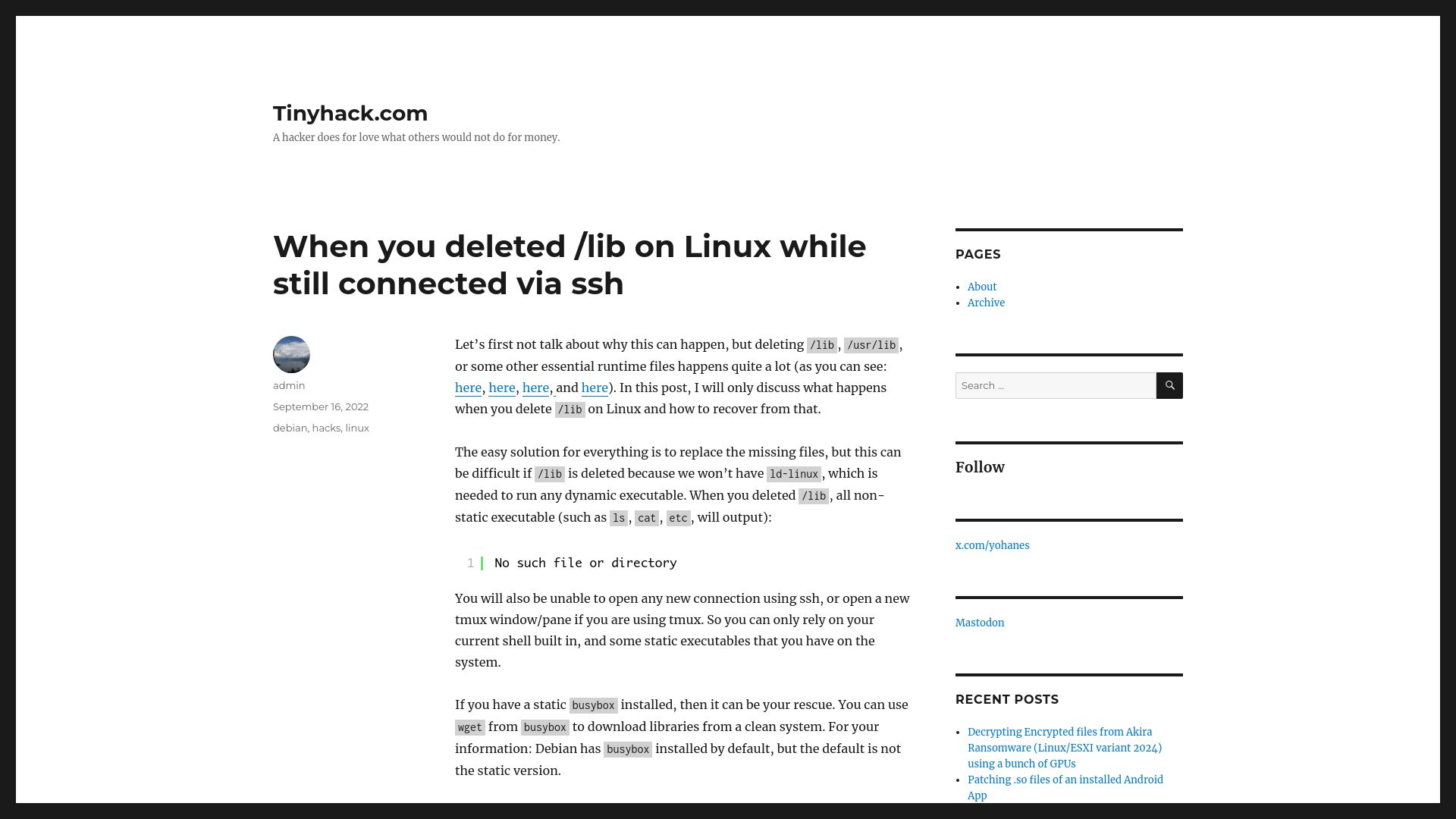 Screenshot of tinyhack.com: When you deleted /lib on Linux while still connected via SSH (2022)