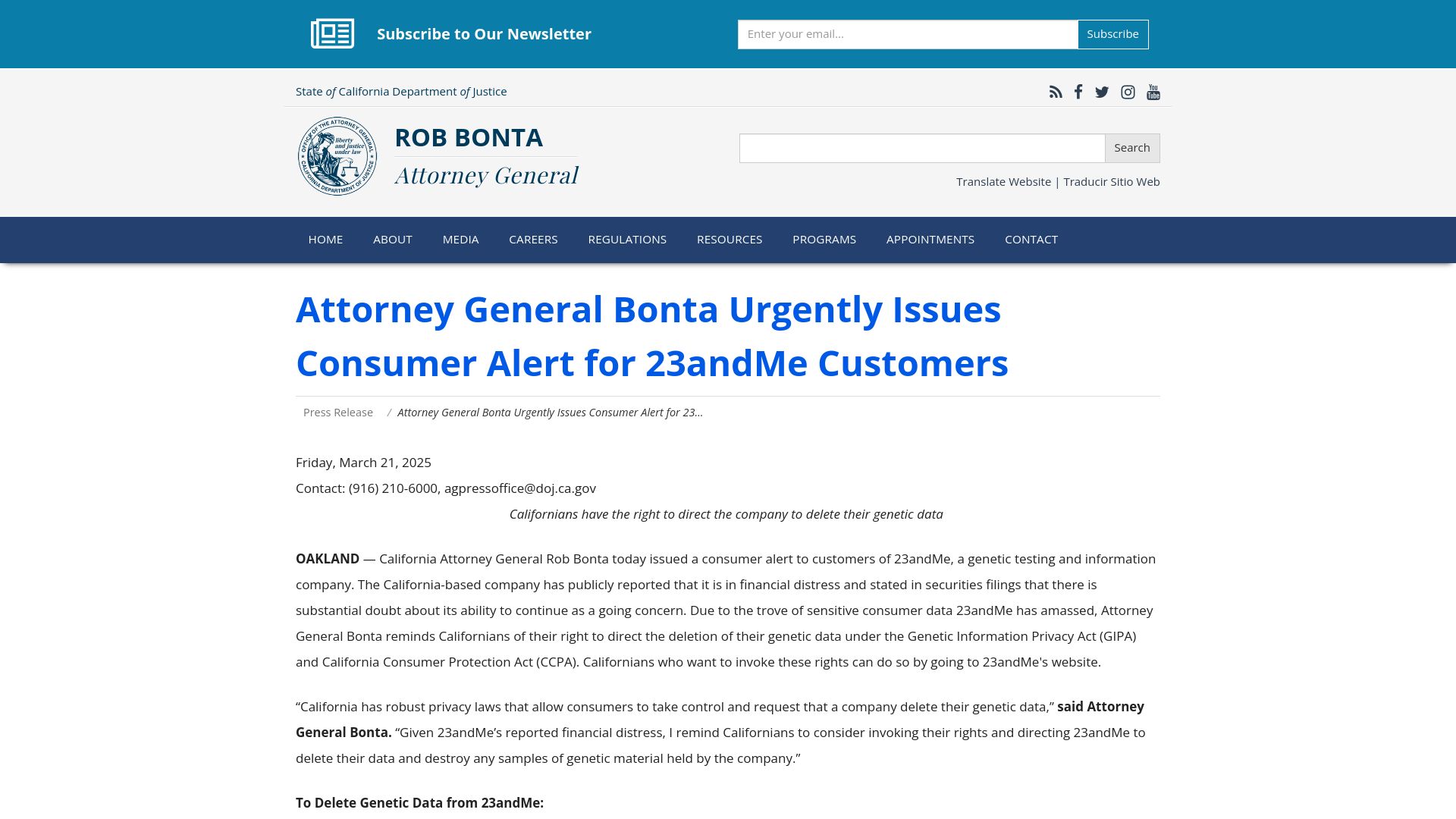 Screenshot of oag.ca.gov: California Attorney General issues consumer alert for 23andMe customers