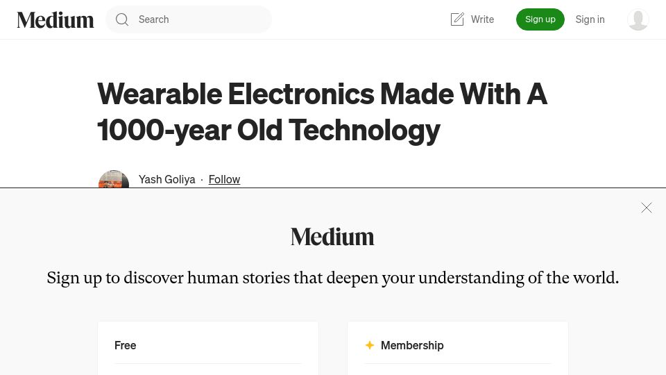 Screenshot of ygoliya.medium.com: Wearable Electronics Made with a 1000-Year Old Technology
