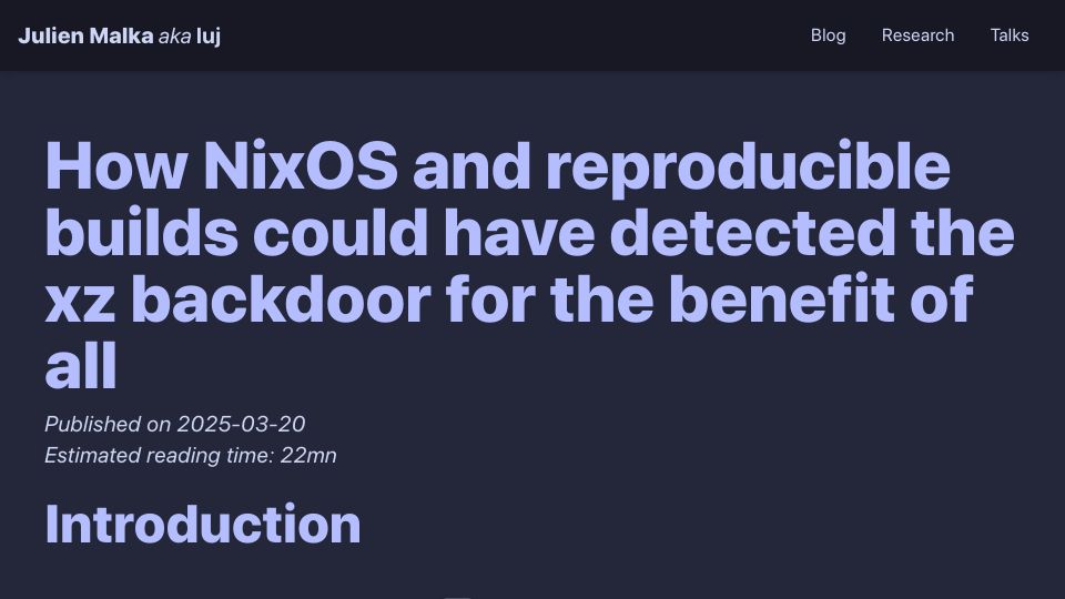 Screenshot of luj.fr: NixOS and reproducible builds could have detected the xz backdoor