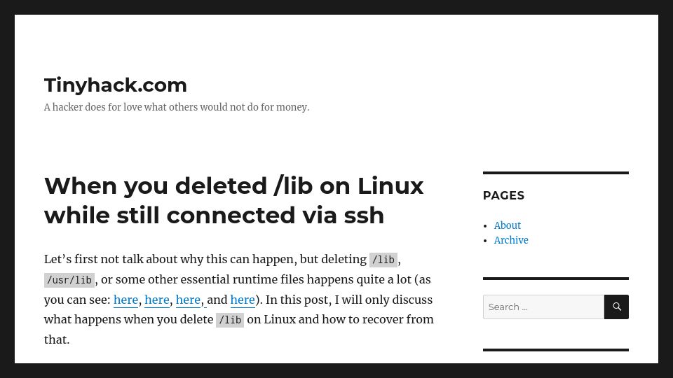 Screenshot of tinyhack.com: When you deleted /lib on Linux while still connected via SSH (2022)