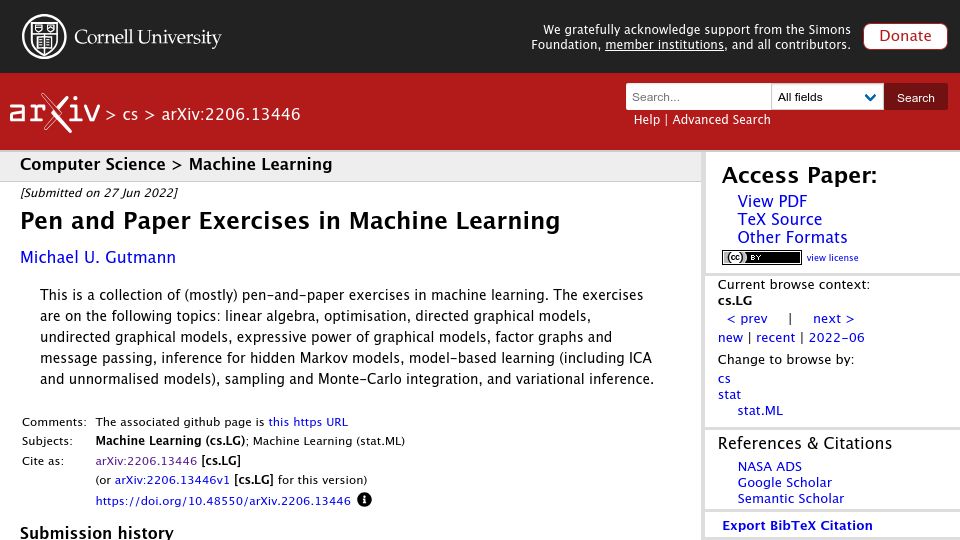Screenshot of arxiv.org: Pen and Paper Exercises in Machine Learning (2022)