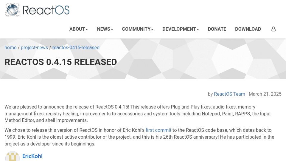 Screenshot of reactos.org: ReactOS 0.4.15
