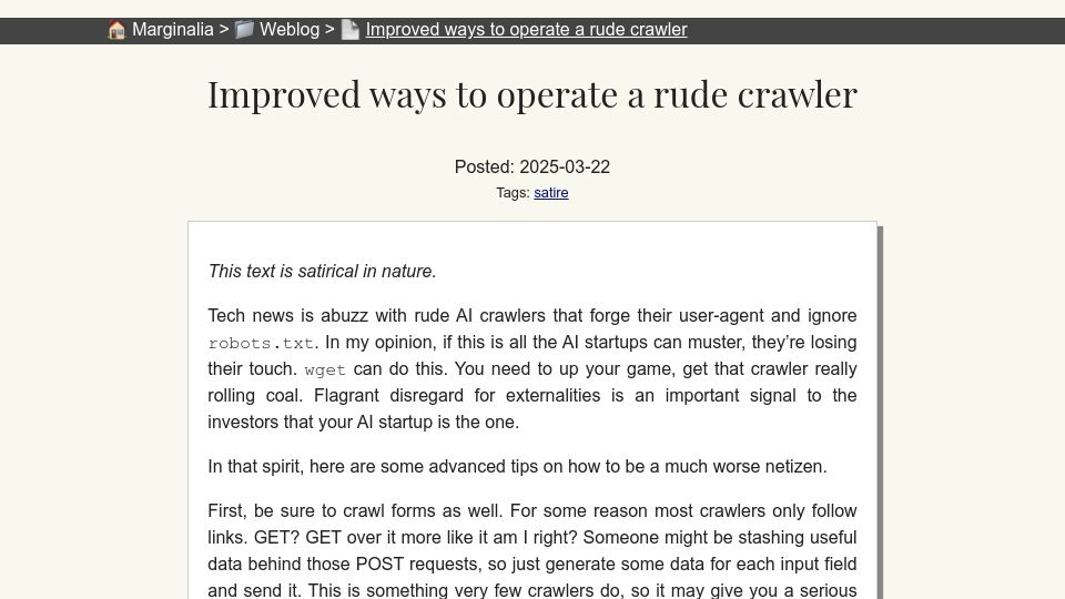 Screenshot of marginalia.nu: Improved ways to operate a rude crawler