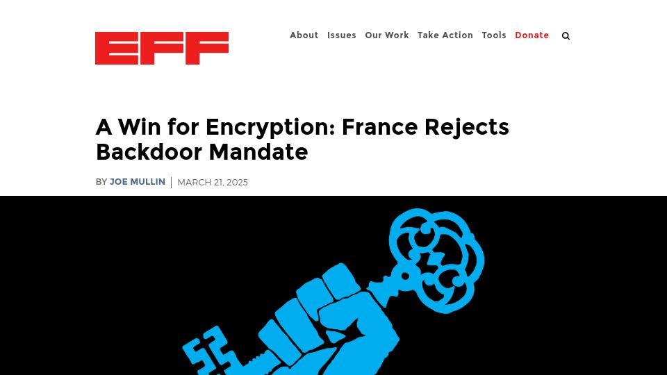 Screenshot of eff.org: France rejects backdoor mandate