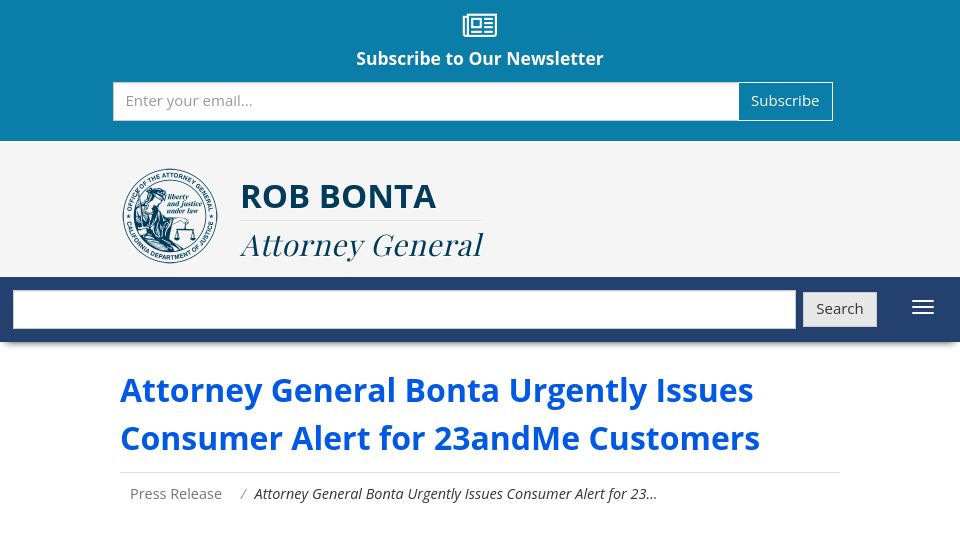 Screenshot of oag.ca.gov: California Attorney General issues consumer alert for 23andMe customers