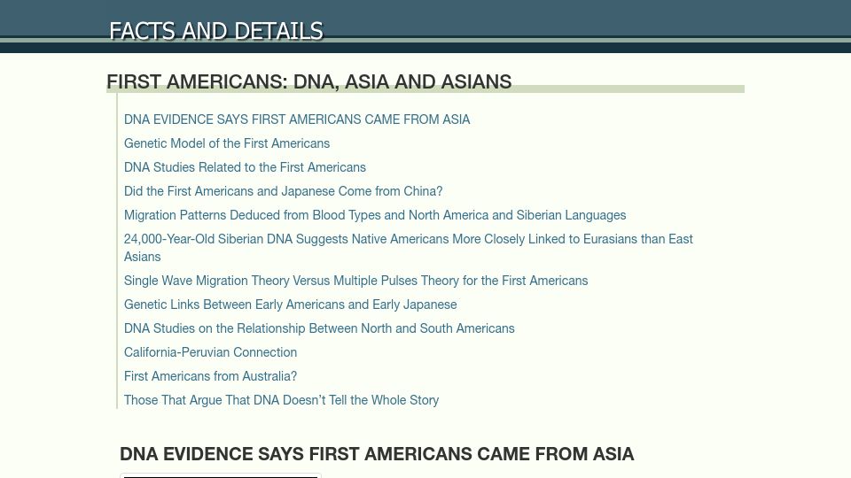 Screenshot of factsanddetails.com: DNA evidence says first Americans came from Asia