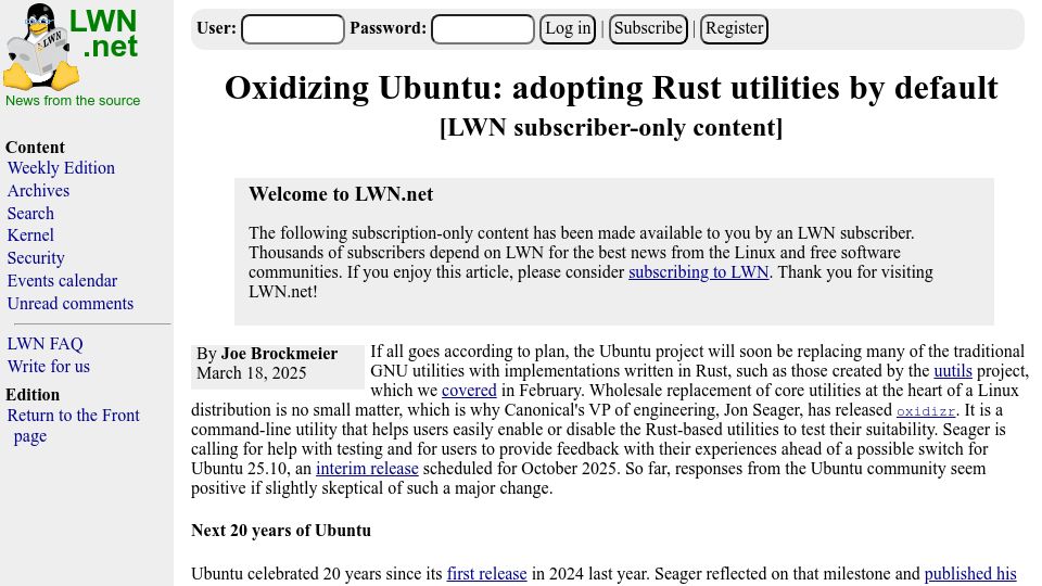 Screenshot of lwn.net: Oxidizing Ubuntu: adopting Rust utilities by default