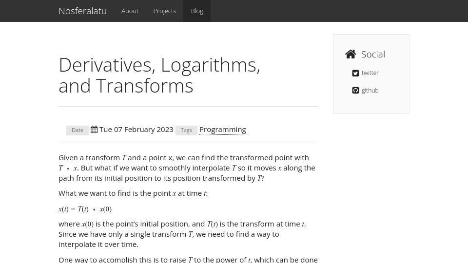 Screenshot of nosferalatu.com: Derivatives and Logarithms of 3D Transforms